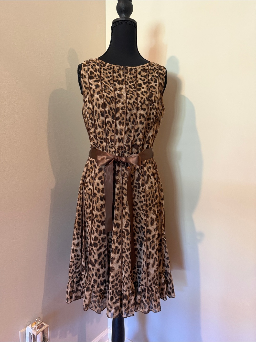 Sleeveless Leopard Print Mini Dress with Satin Waist Tie - Brown